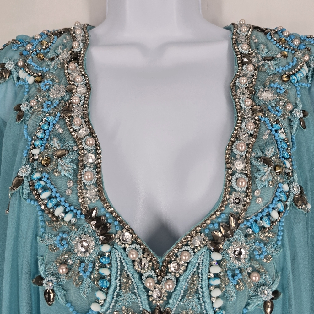 Marchesa Couture Aqua Blue Embellished Neckline Chiffon Caftan Gown No Size - Picture 10 of 16
